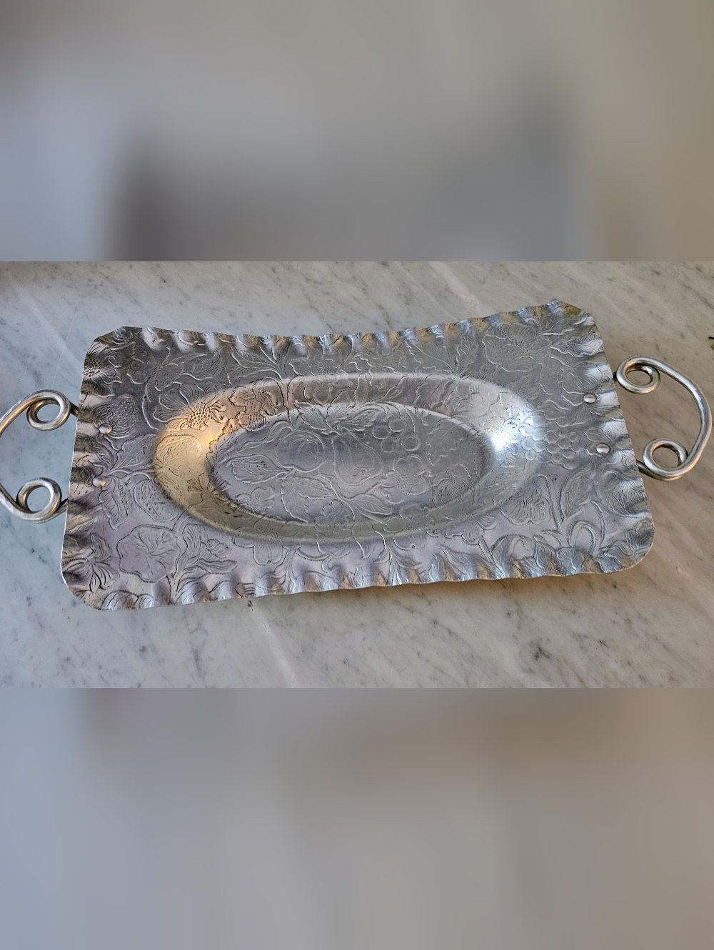 Hammered Aluminum Rectangular Serving Tray with Handles and Floral Design